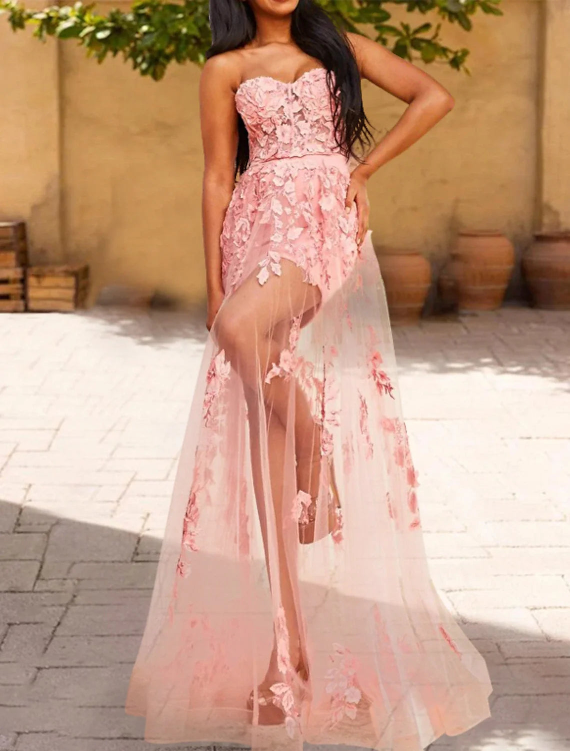 A-Line Strapless Lace Sleeveless Applique Floor-Length Prom Dress - Chloe Dress