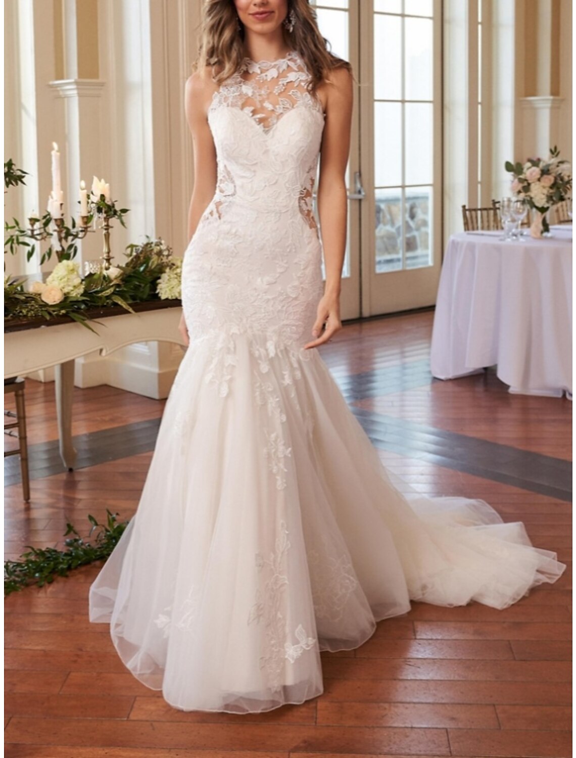 Mermaid High Neck Lace Sleeveless Pleated Wedding Gown - Chloe Dress