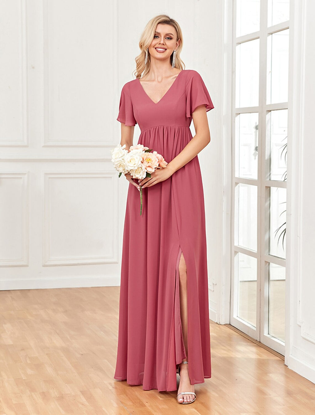 A-Line V-Neck Chiffon Short Sleeve High Slit Floor-Length Evening Gown - Chloe Dress