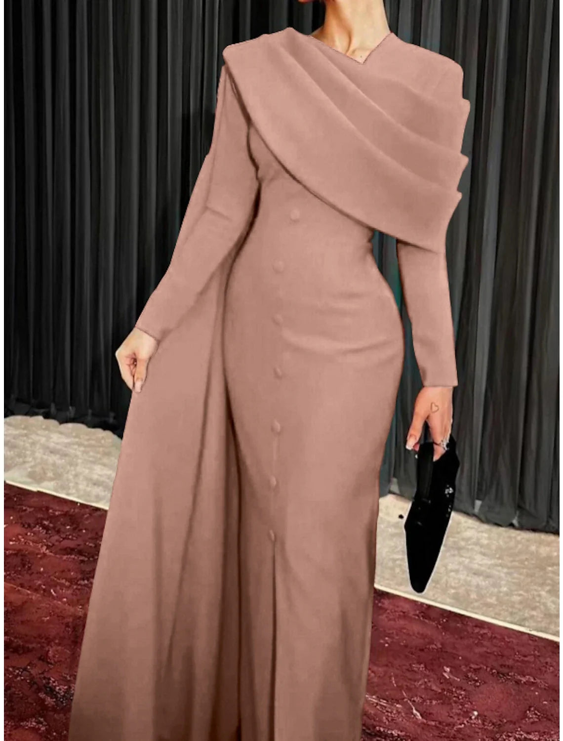 Black Sheath Cowl Neck Long Sleeve Button Back High Slit Evening Gown - Chloe Dress