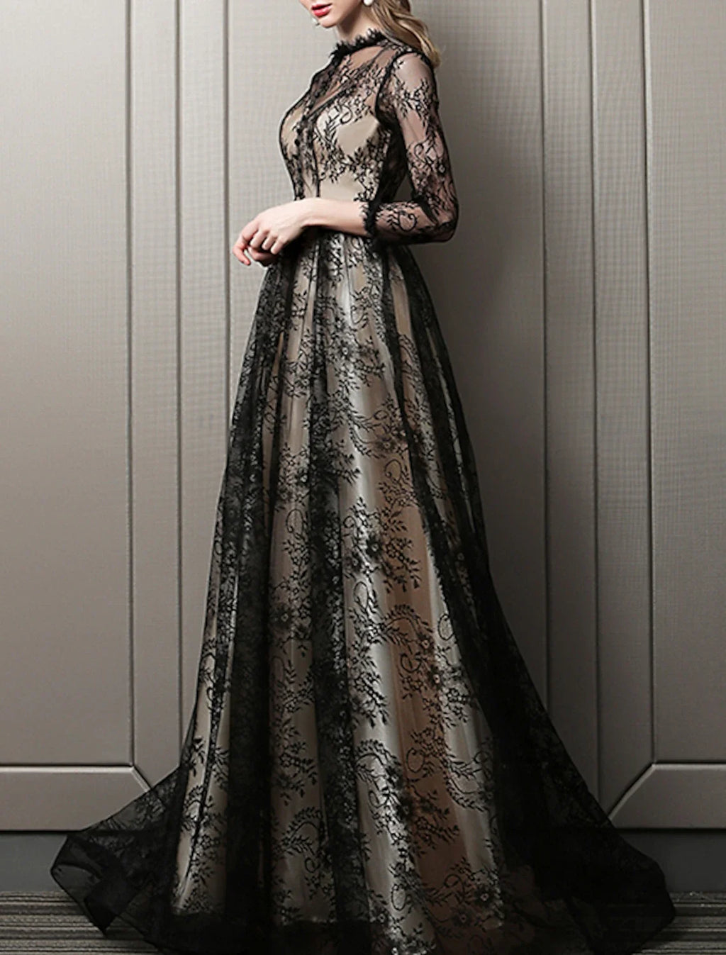 A-Line Lace Three-Quarter Sleeve Train Evening Gown - Chloe Dress