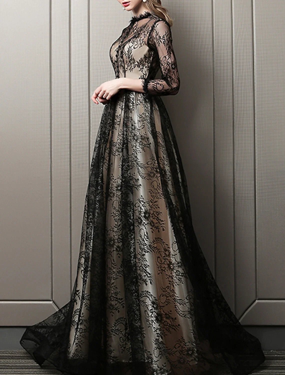 A-Line Lace Three-Quarter Sleeve Train Evening Gown - Chloe Dress