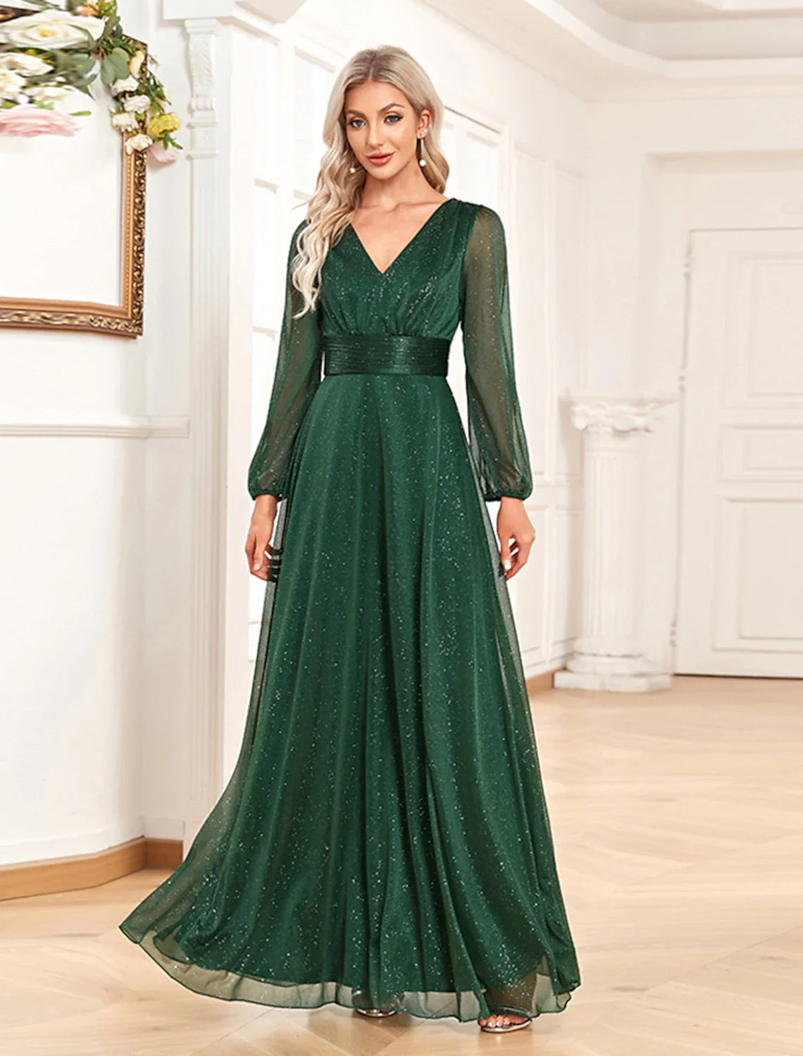 A-Line V-Neck Chiffon Long Sleeve Floor-Length Evening Gown - Chloe Dress