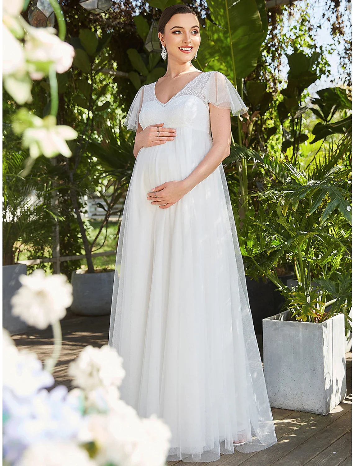 A-Line V-Neck Tulle Short Sleeve Tiered Floor-Length Evening Gown - Chloe Dress