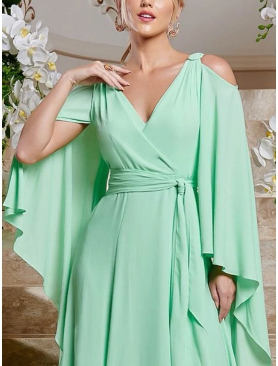 Sheath V-Neck Chiffon Long Sleeve Ruffled Floor-Length Wedding Dress - Chloe Dress