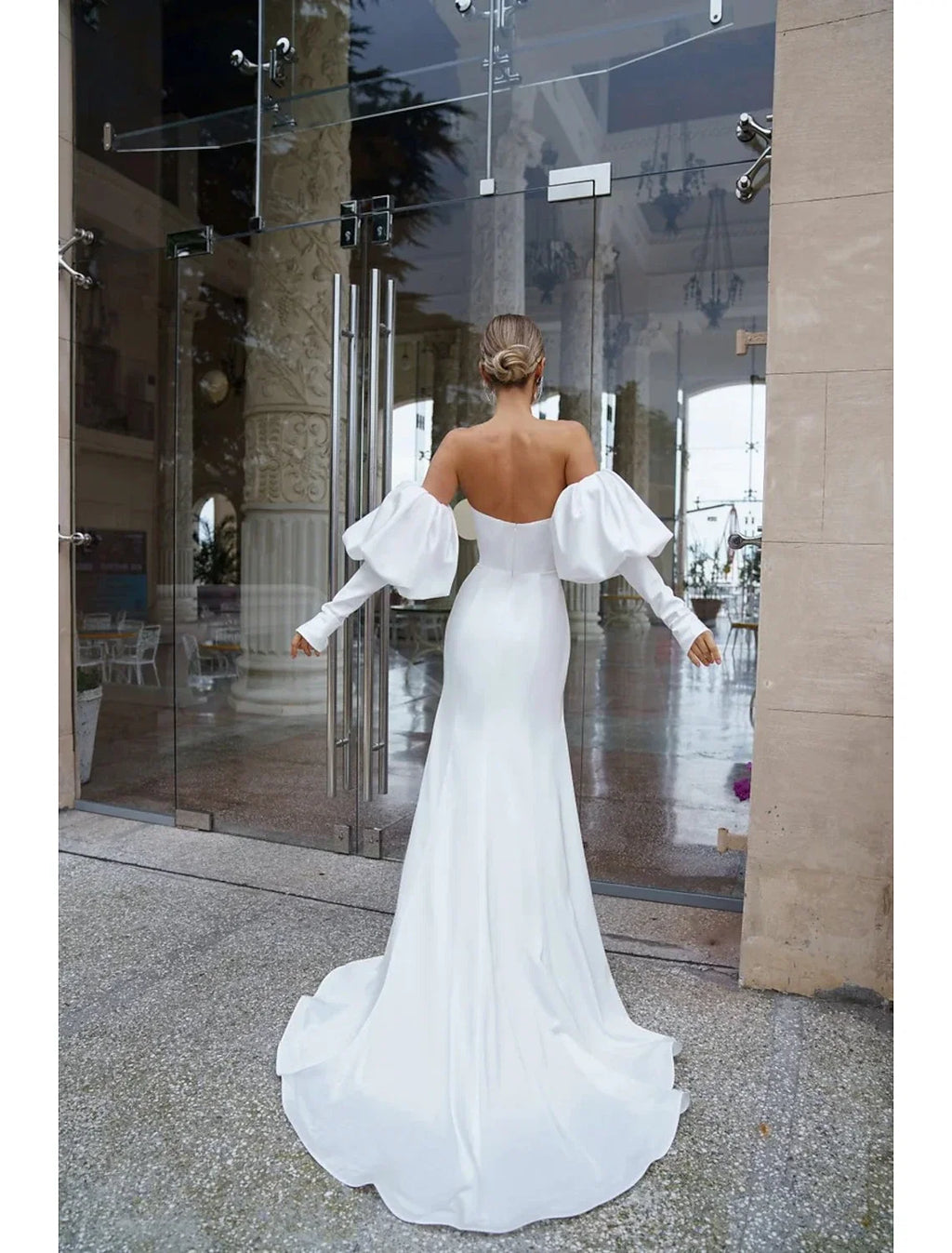 Mermaid Off-Shoulder Satin Long Sleeve Train Wedding Gown - Chloe Dress