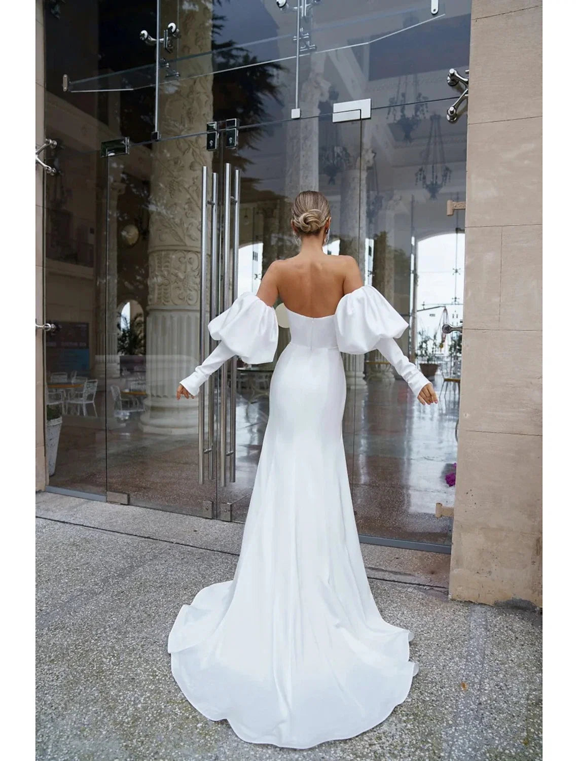 Mermaid Off-Shoulder Satin Long Sleeve Train Wedding Gown - Chloe Dress