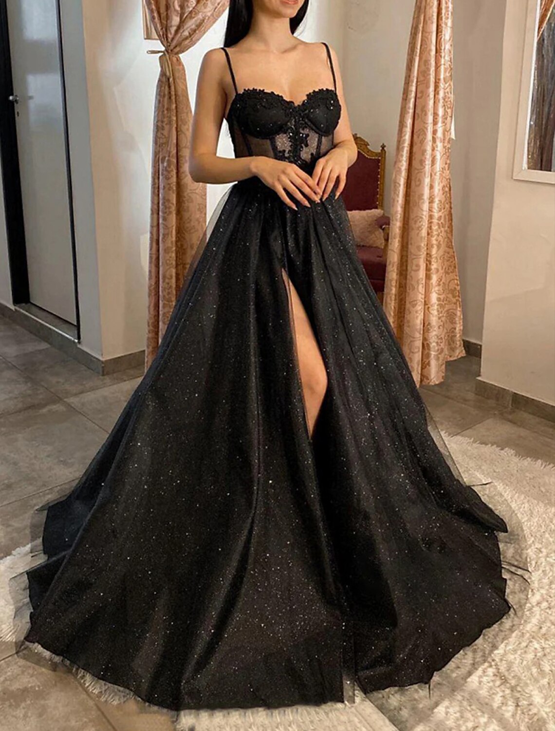 Black A-Line Spaghetti Strap Tulle Sleeveless Lace-Up Back High Slit Prom Dress - Chloe Dress