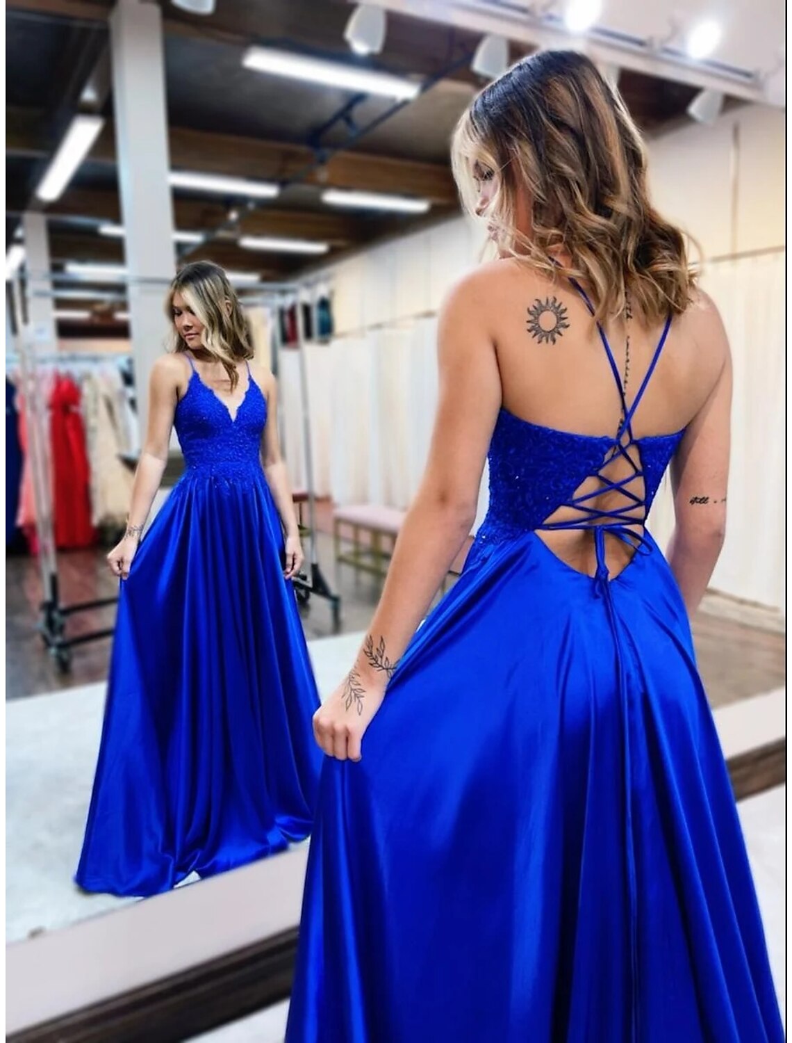 A-Line V-Neck Satin Sleeveless Backless Train Prom Dress - Chloe Dress