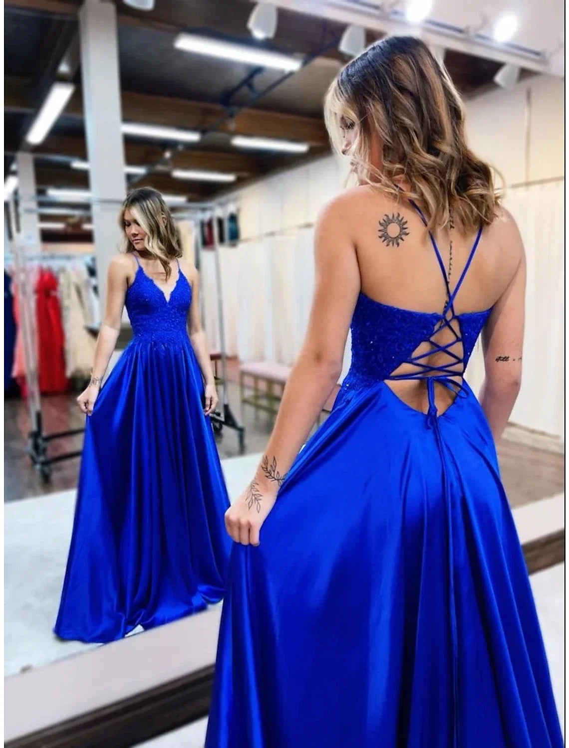A-Line V-Neck Satin Sleeveless Backless Train Prom Dress - Chloe Dress