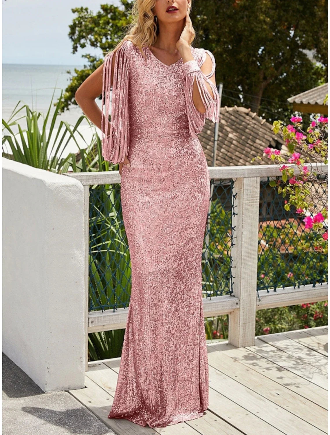 Sheath V-Neck Sequin Long Sleeve Pleated Evening Gown - Chloe Dress