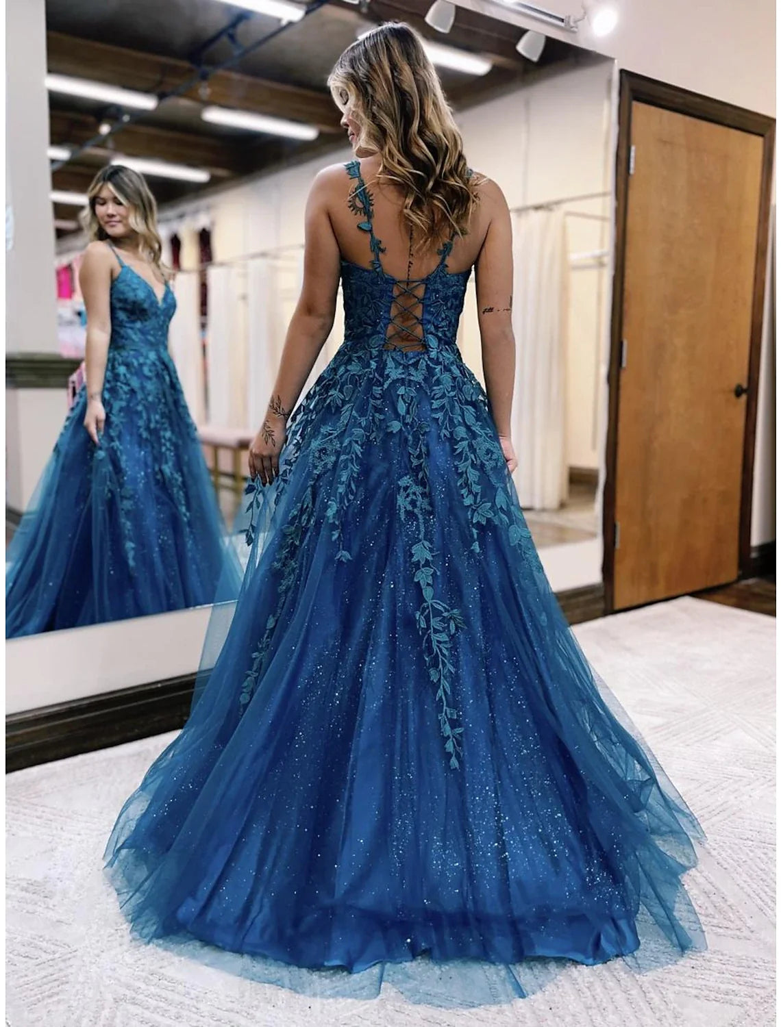 A-Line V-Neck Tulle Sleeveless Backless Applique Floor-Length Prom Gown - Chloe Dress