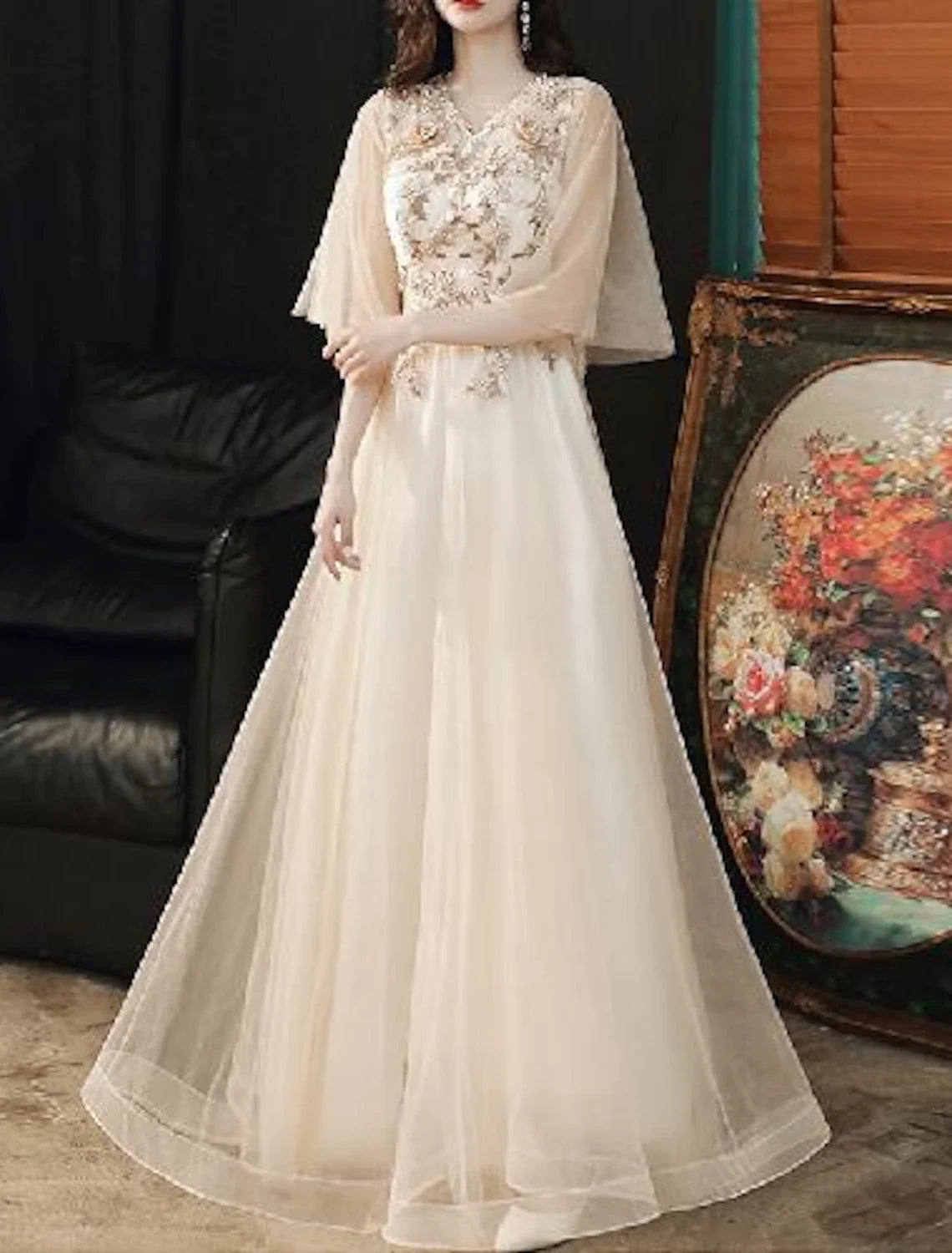 A-Line V-Neck Tulle Applique Floor-Length Prom Dress - Chloe Dress