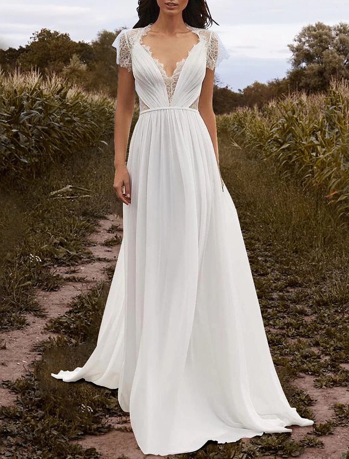 A-Line V-Neck Chiffon Cap Sleeve Open Back Pleated Wedding Gown - Chloe Dress