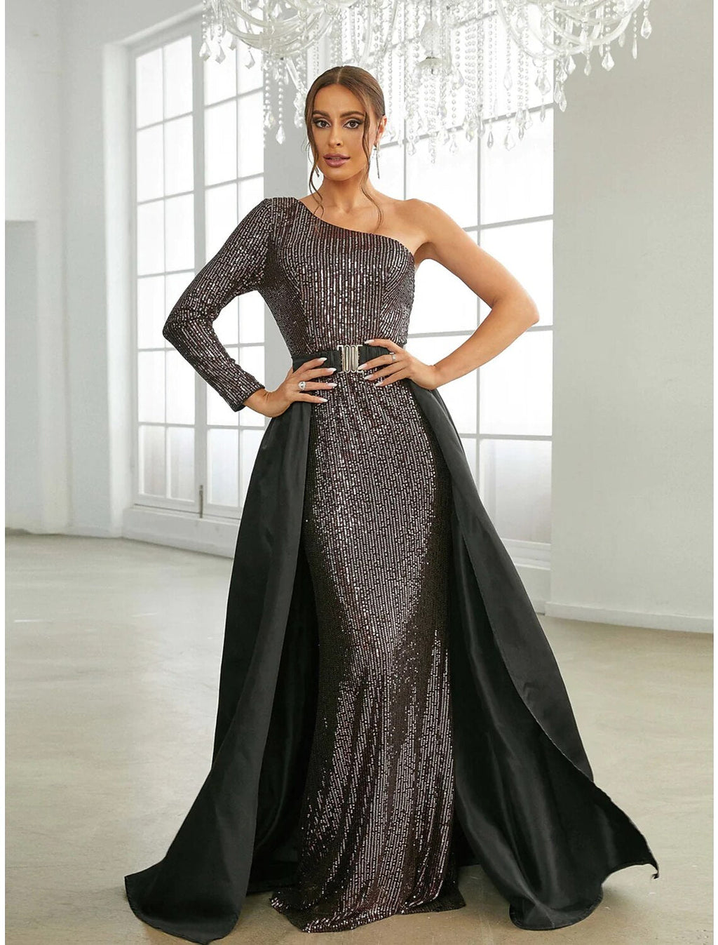 A-Line One-Shoulder Sequin Long Sleeve Pleated Evening Gown - Chloe Dress
