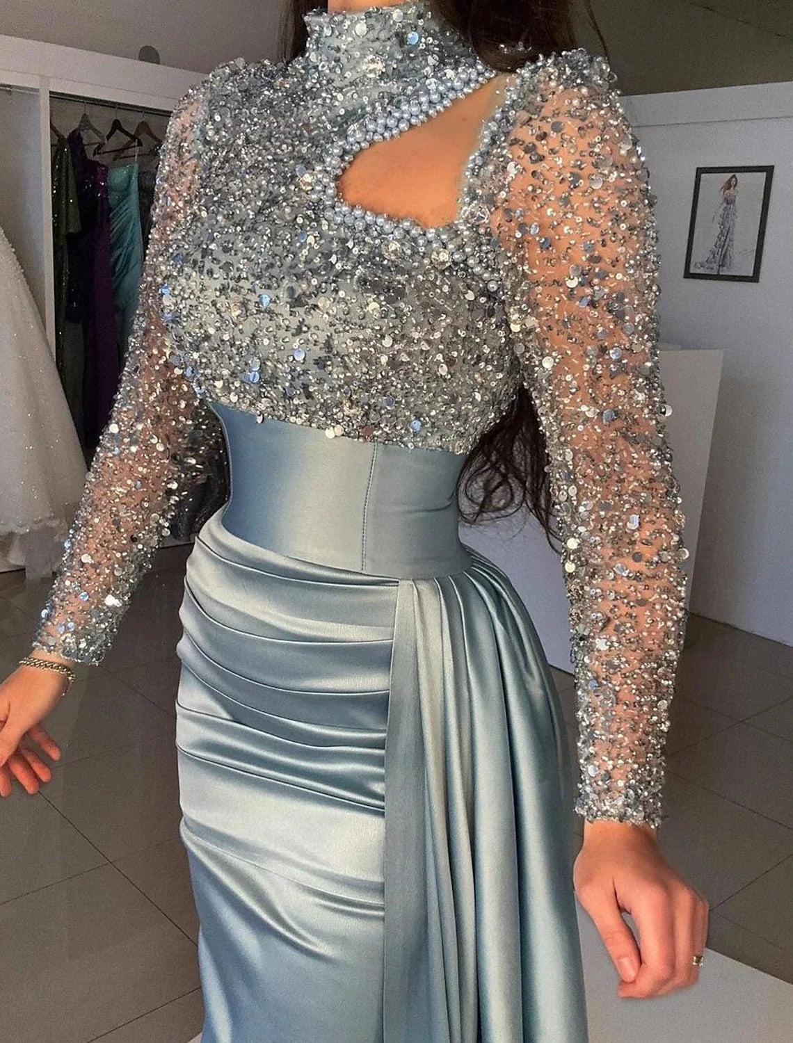Mermaid High Neck Satin Long Sleeve Train Evening Gown - Chloe Dress