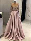 A-Line Square Neck Satin Long Sleeve Pleated Evening Gown - Chloe Dress