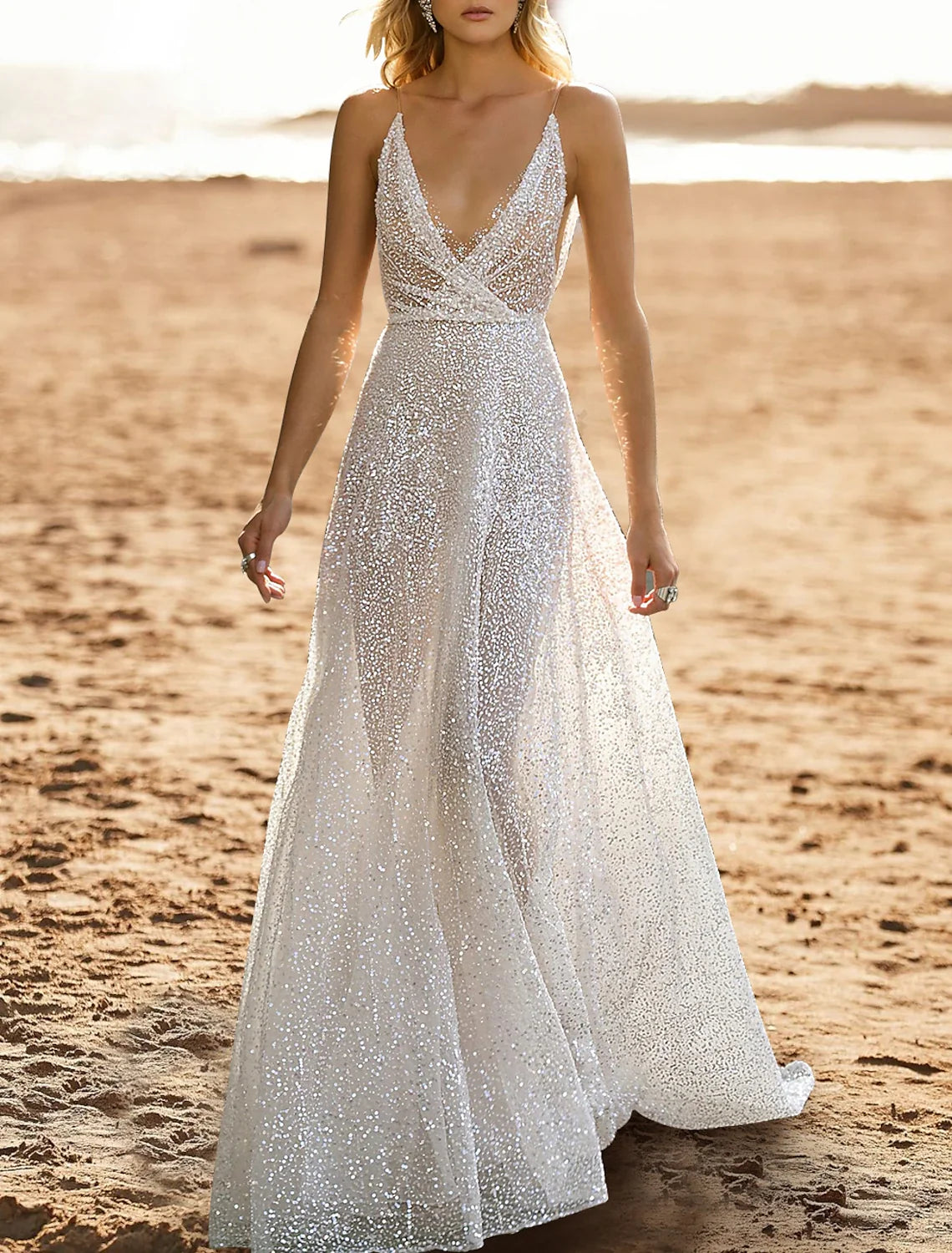 A-Line V-Neck Sequin Sleeveless Open Back Train Wedding Gown - Chloe Dress