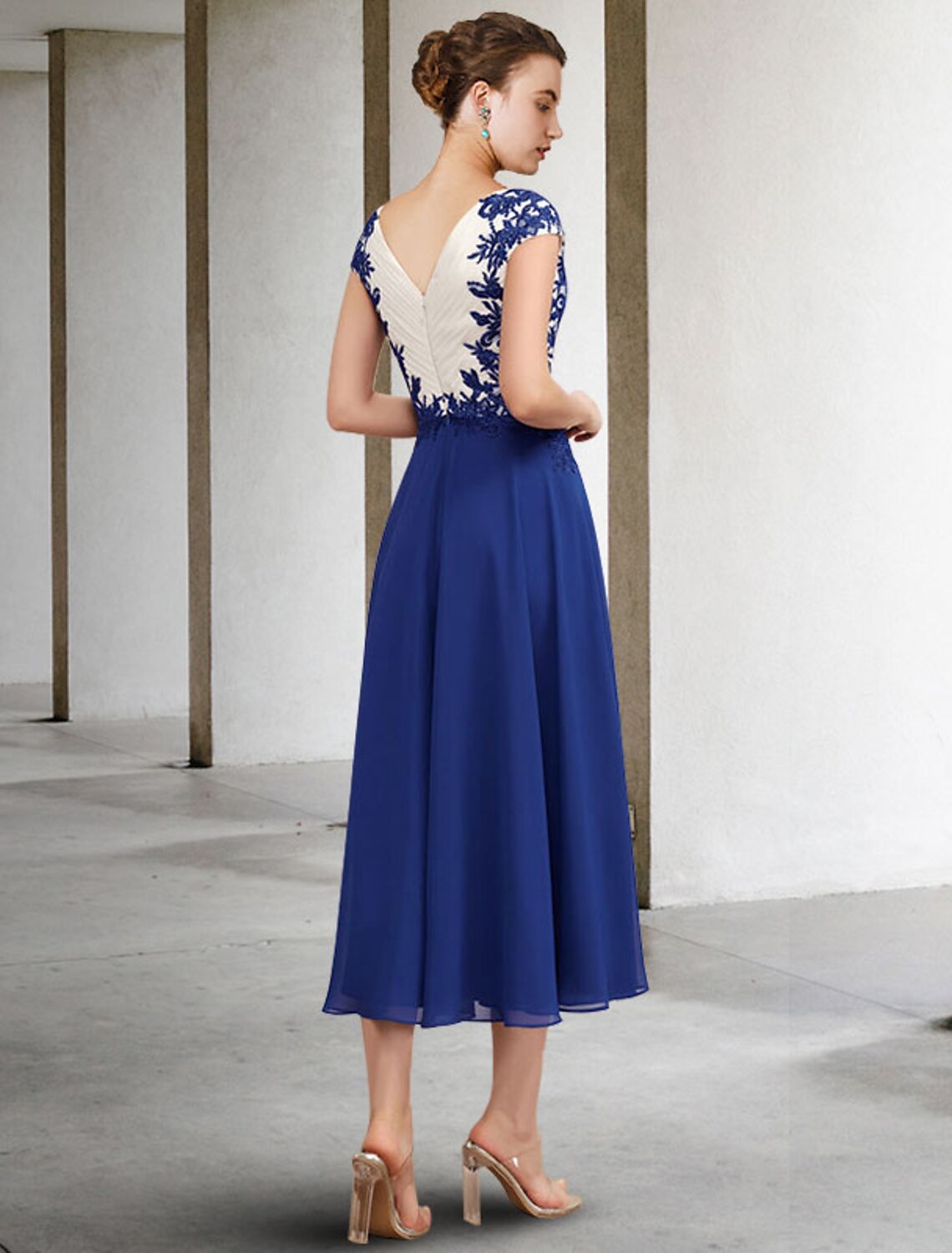 A-Line V-Neck Chiffon Cap Sleeve Draped Tea-Length Dress - Chloe Dress