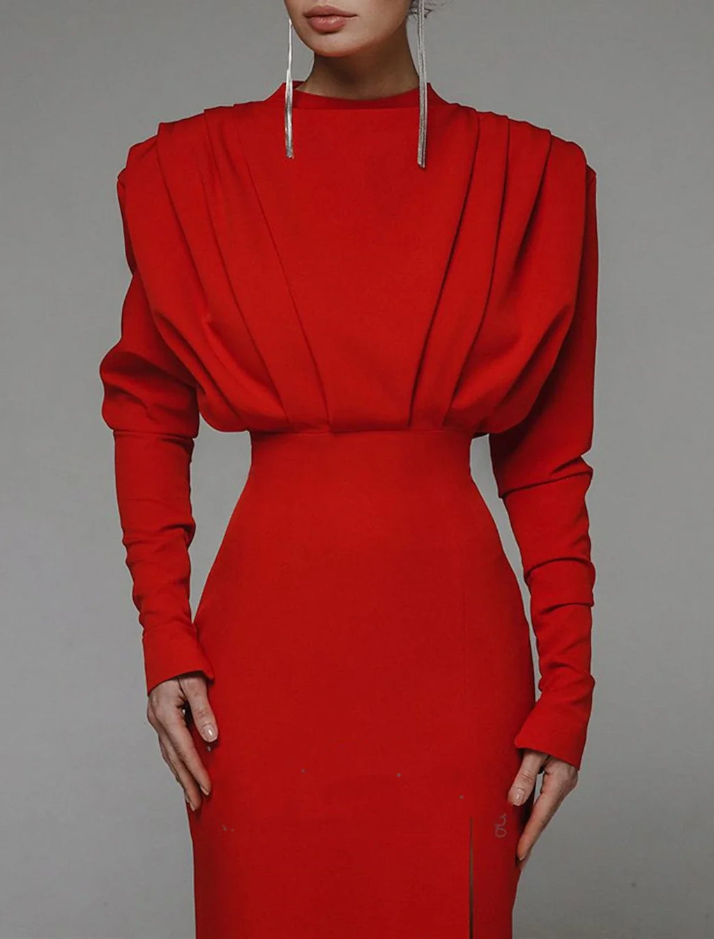 Green Sheath High Neck Long Sleeve High Slit Floor-Length Evening Gown - Chloe Dress