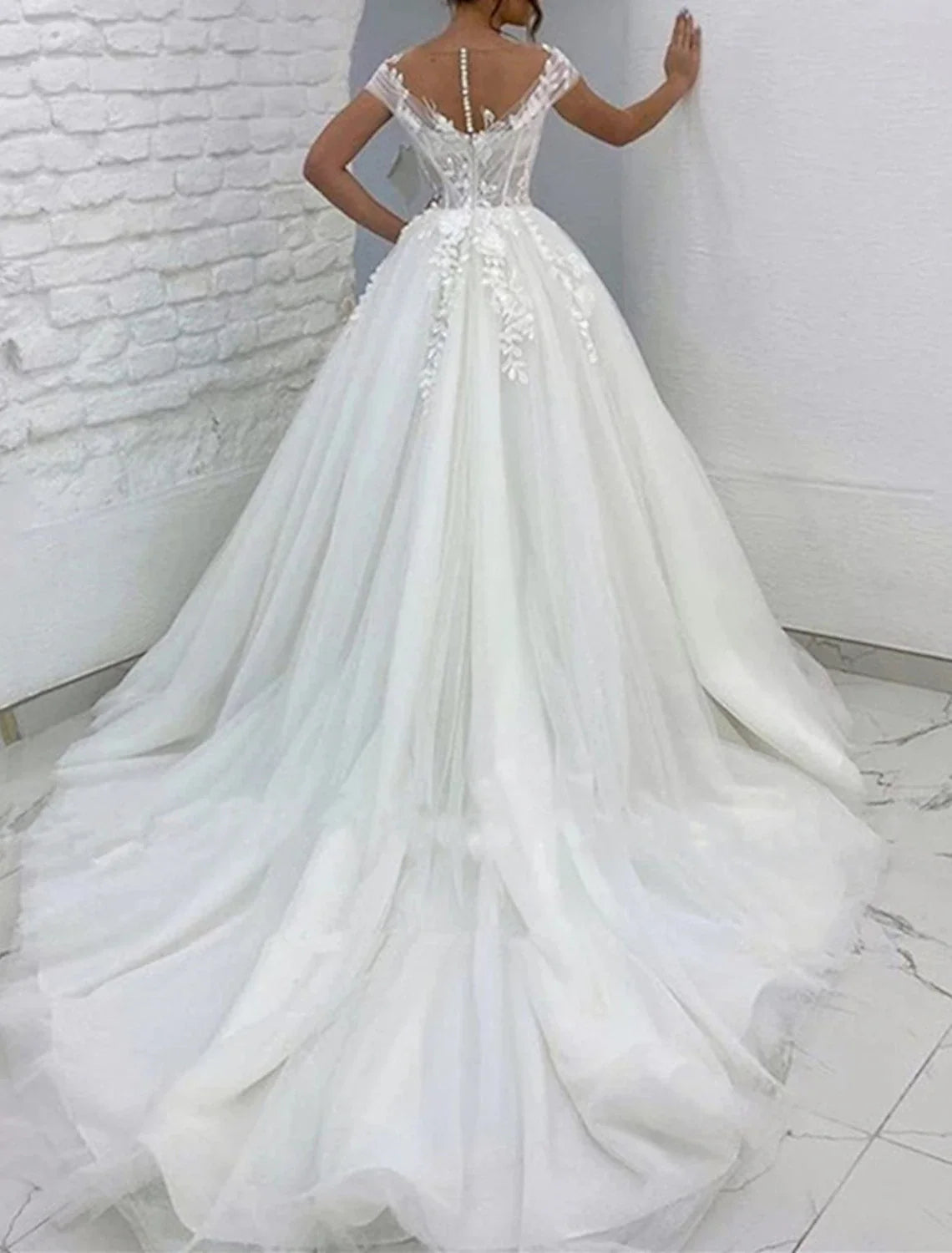 Ball Gown V-Neck Lace Cap Sleeve Train Wedding Gown - Chloe Dress