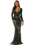Mermaid V-Neck Sequin Long Sleeve Floor-Length Evening Gown - Chloe Dress