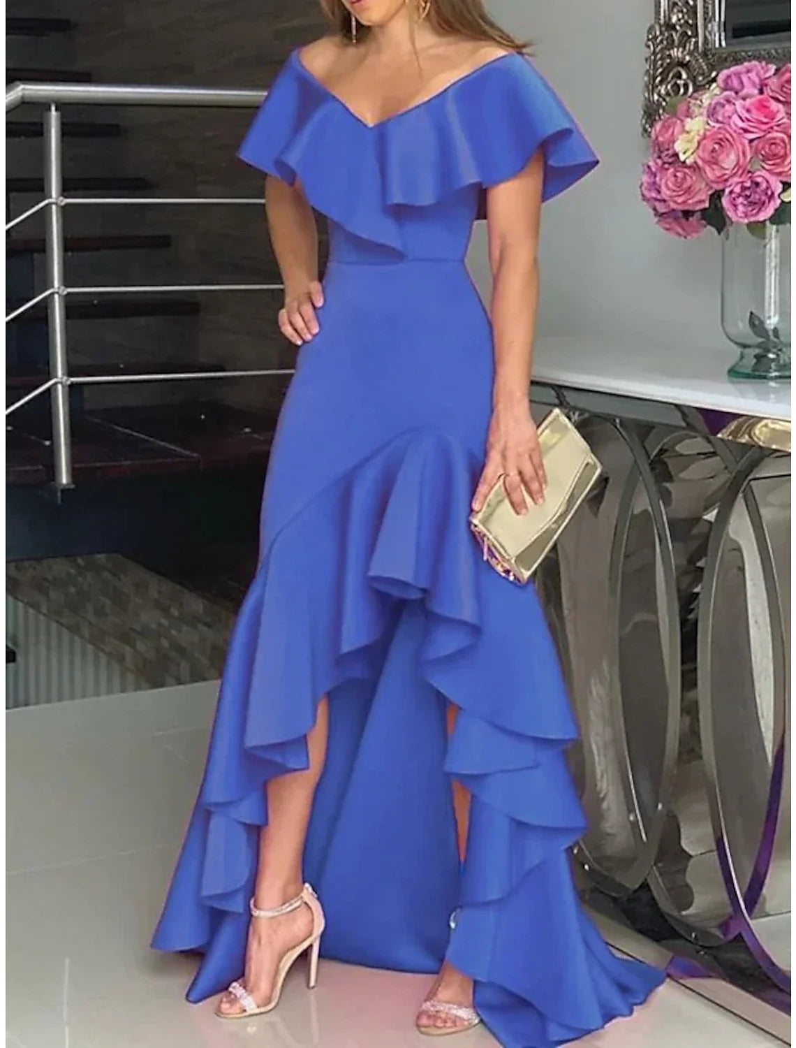 A-Line V-Neck Satin Sleeveless High Slit Mini Wedding Dress - Chloe Dress
