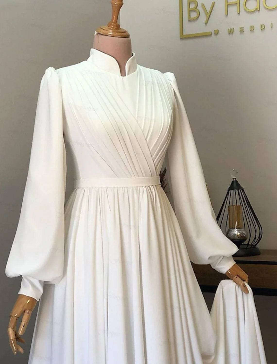 A-Line High Neck Chiffon Long Sleeve Pleated Wedding Gown - Chloe Dress