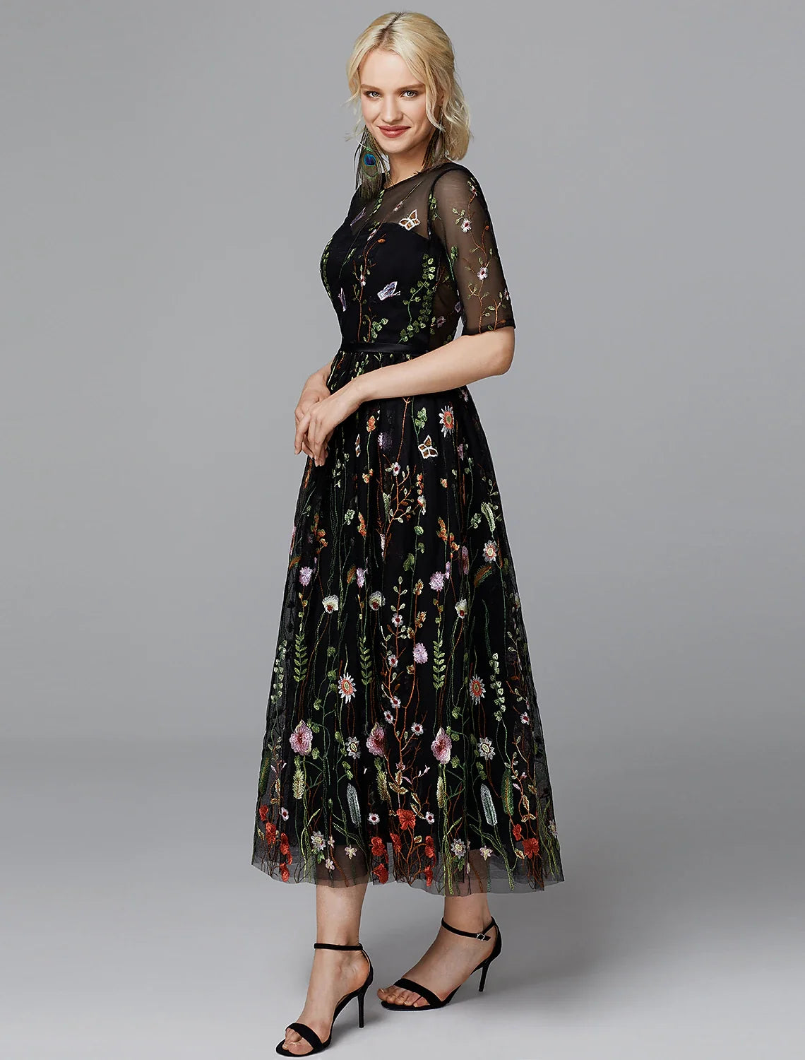 A-Line Illusion Lace Applique Tea-Length Wedding Dress - Chloe Dress
