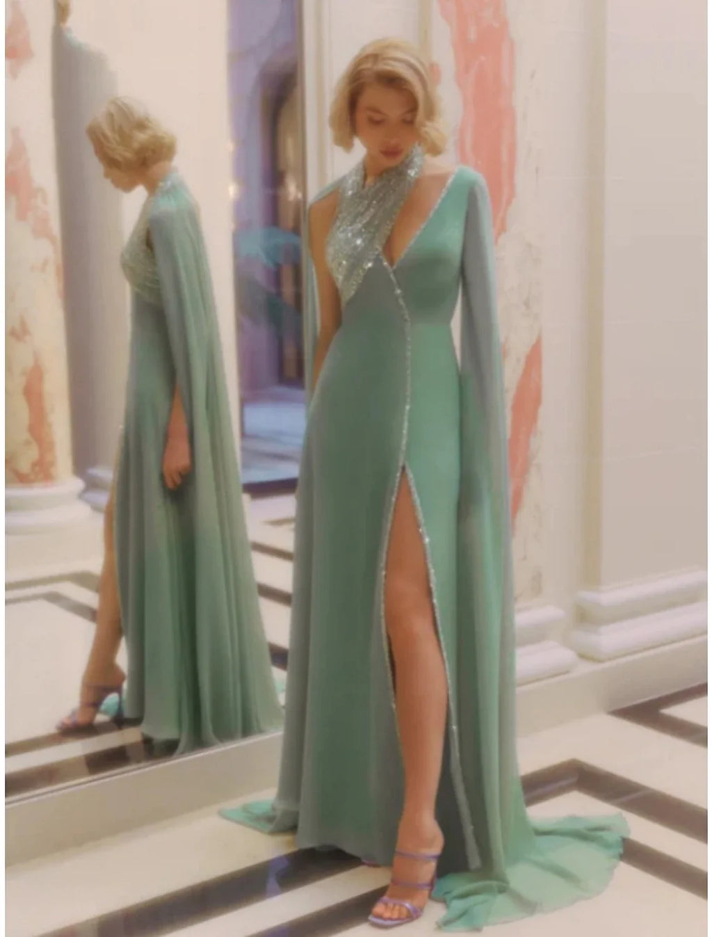 A-Line V-Neck Sequin Sleeveless High Slit Evening Gown - Chloe Dress