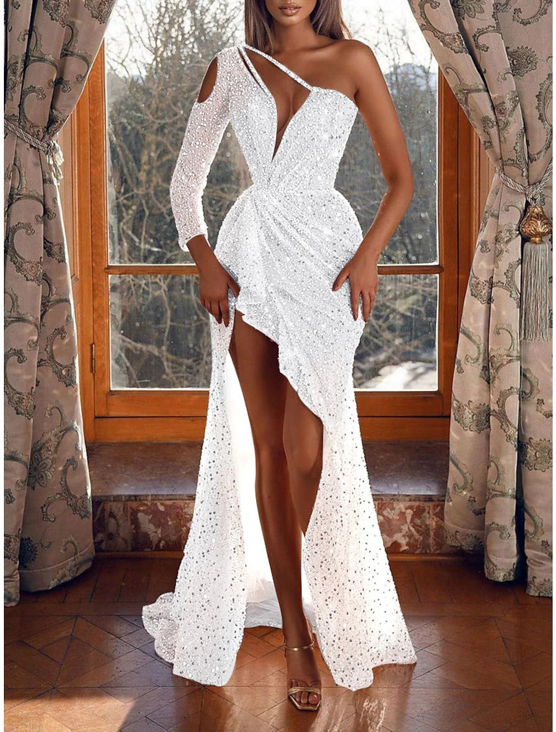 Mermaid One-Shoulder Sequin Long Sleeve Train Evening Dress - Chloe Dress