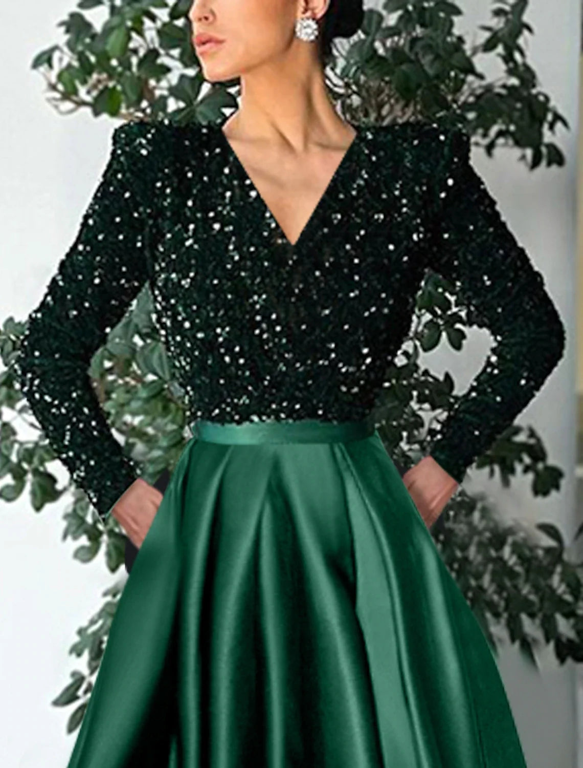 Green A-Line V-Neck Sequin Long Sleeve Tea-Length Wedding Dress - Chloe Dress