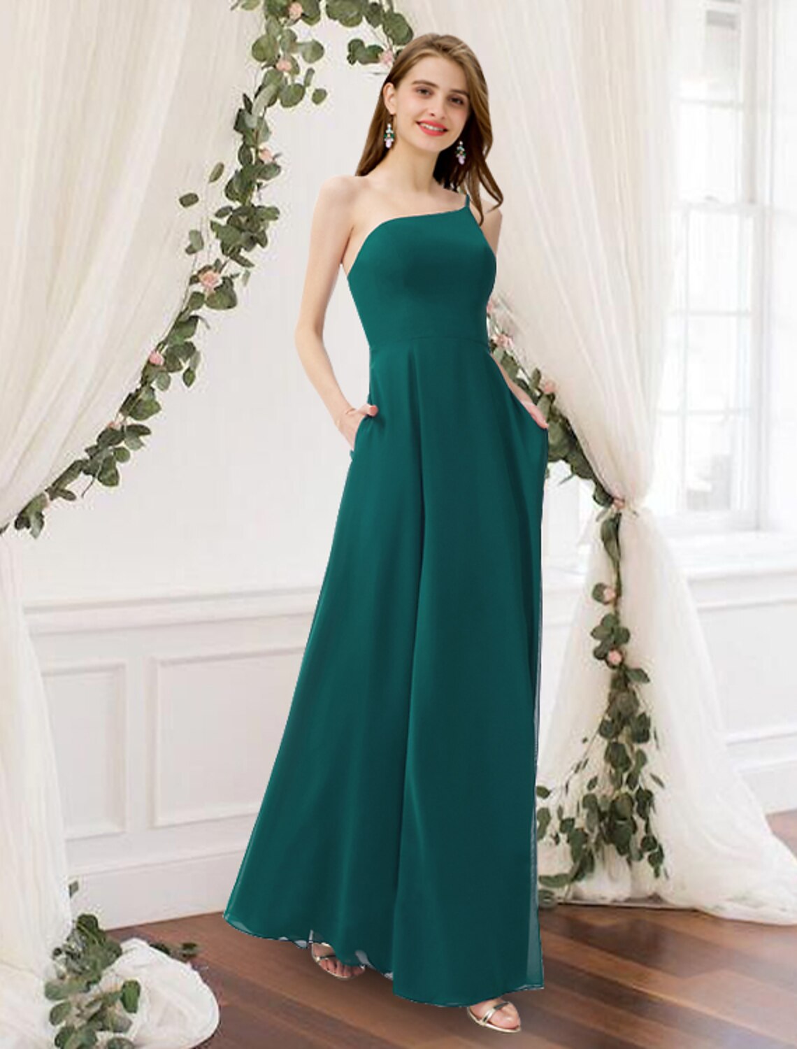 A-Line One-Shoulder Chiffon Sleeveless Pleated Floor-Length Wedding Dress - Chloe Dress