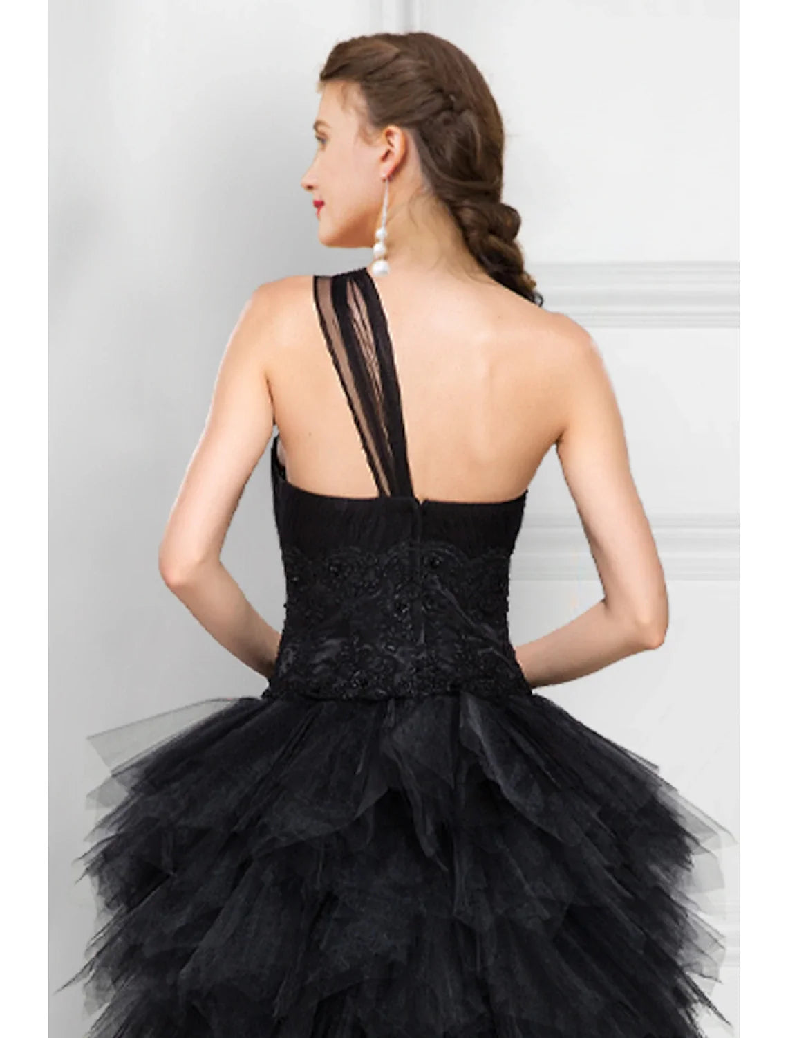 Black Ball Gown One-Shoulder Tulle Sleeveless Tiered Prom Gown - Chloe Dress