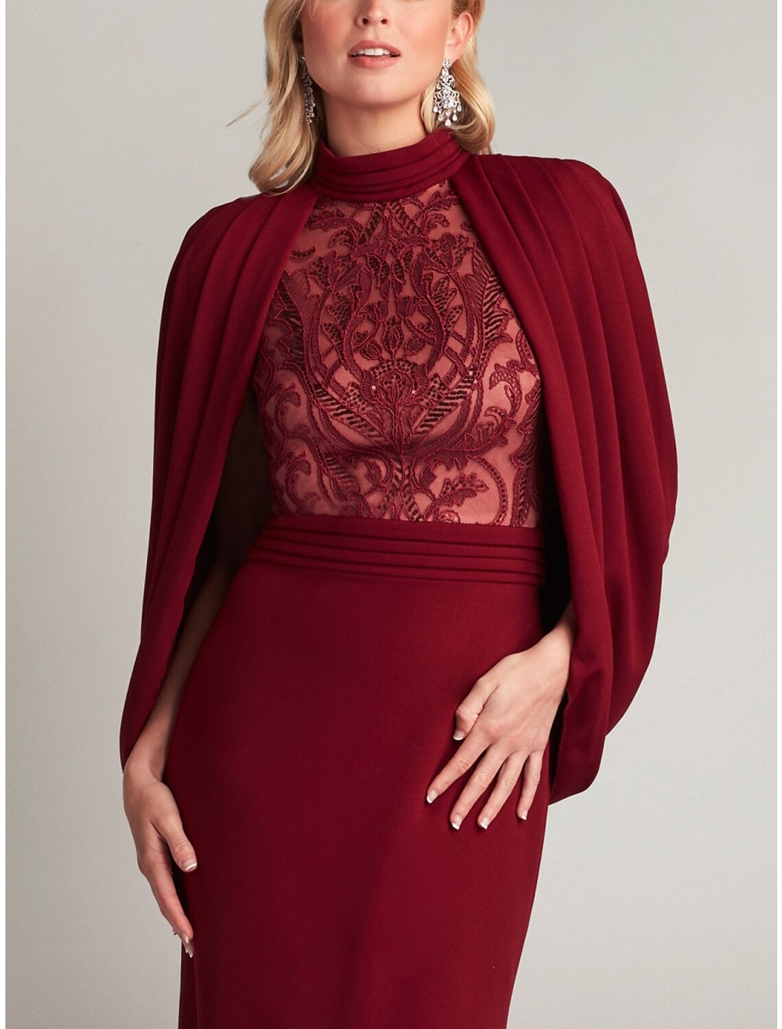 Mermaid High Neck Lace Long Sleeve Pleated Evening Gown - Chloe Dress