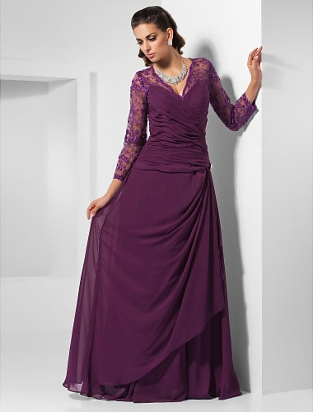Sheath V-Neck Chiffon Three-Quarter Sleeve Floor-Length Evening Dress - Chloe Dress