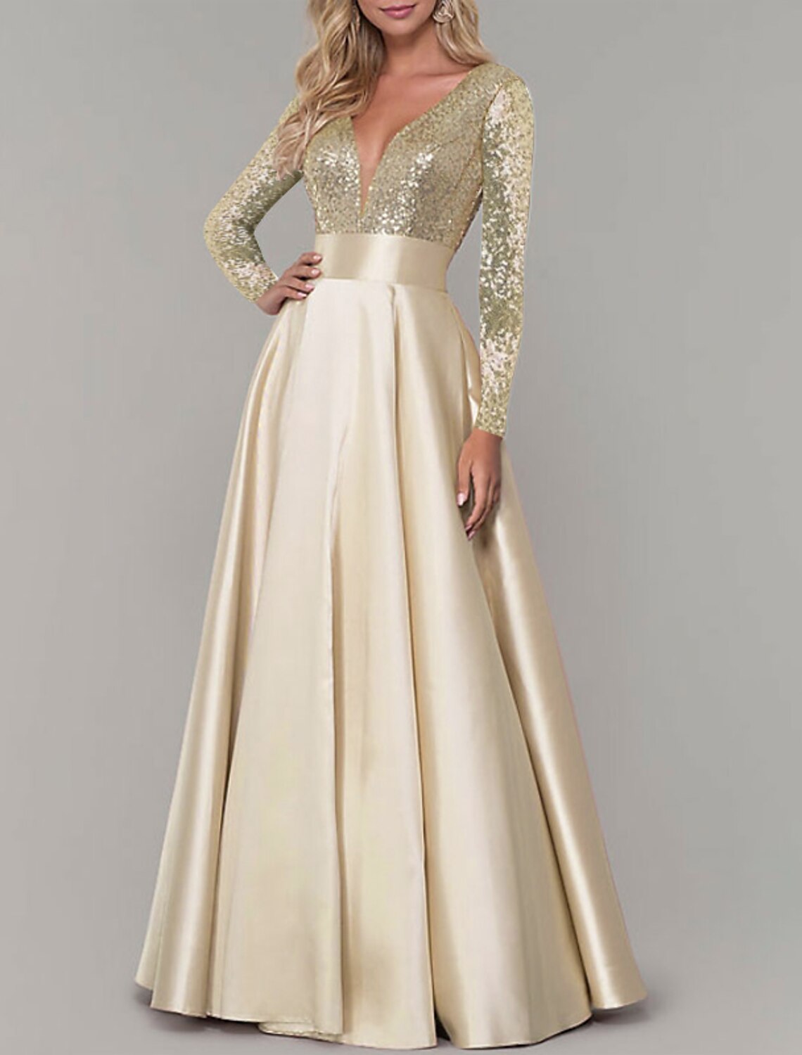 A-Line V-Neck Satin Long Sleeve Pleated Floor-Length Evening Gown - Chloe Dress
