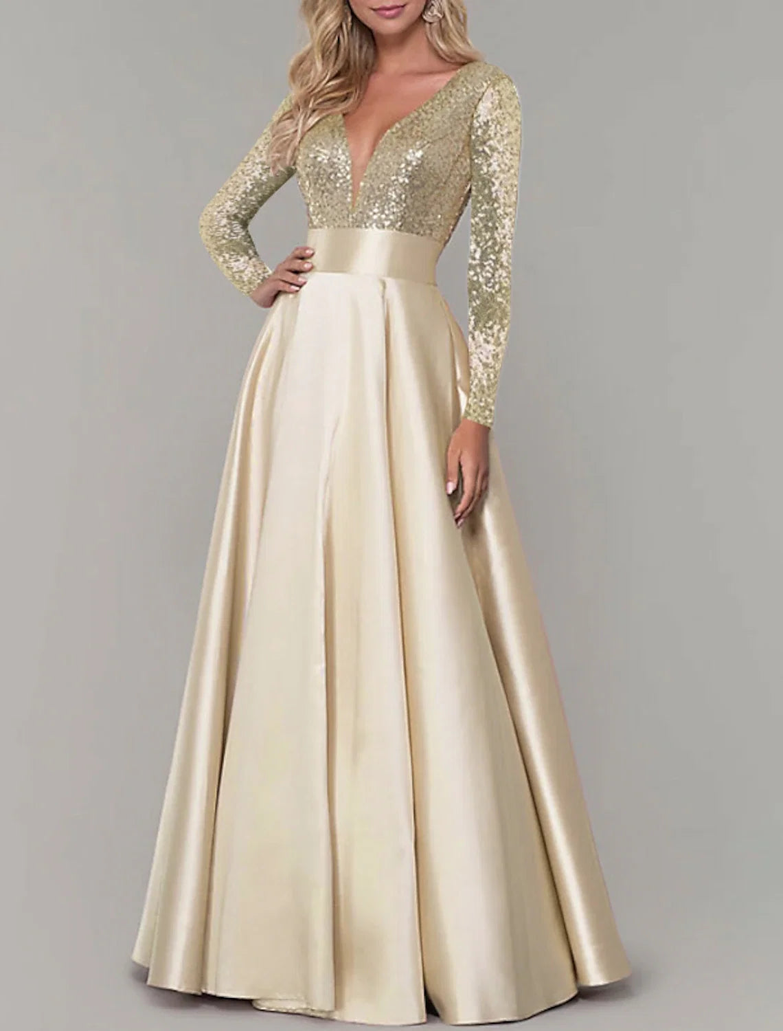 A-Line V-Neck Satin Long Sleeve Pleated Floor-Length Evening Gown - Chloe Dress
