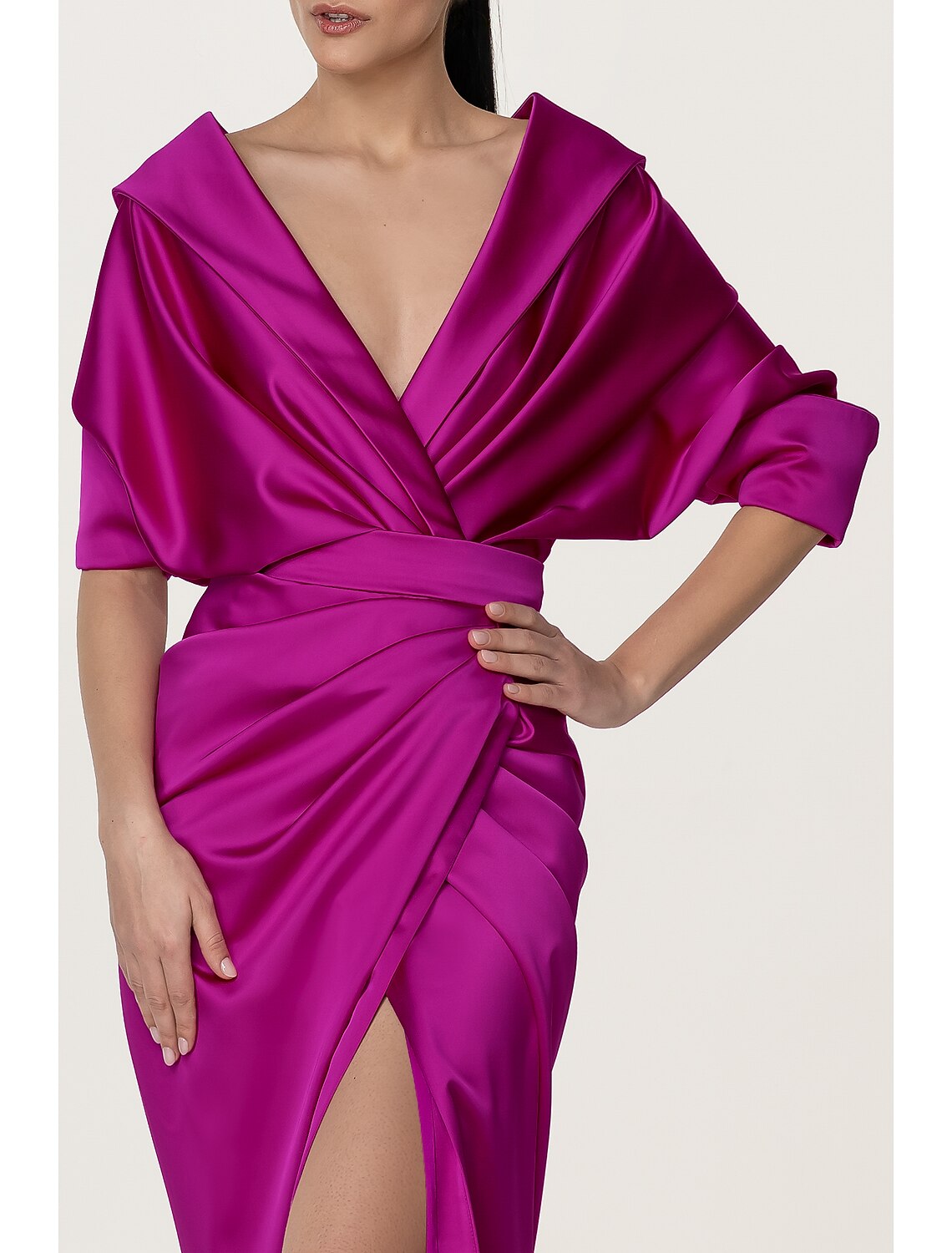 Black A-Line V-Neck Satin High Slit Evening Gown - Chloe Dress