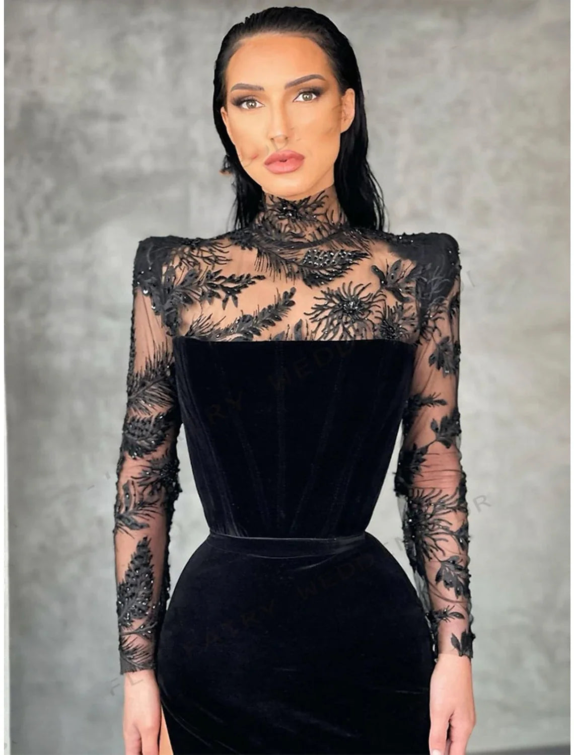 Sheath High Neck Lace Long Sleeve High Slit Floor-Length Evening Gown - Chloe Dress