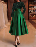 Green A-Line Satin Long Sleeve Pleated Tea-Length Wedding Dress - Chloe Dress