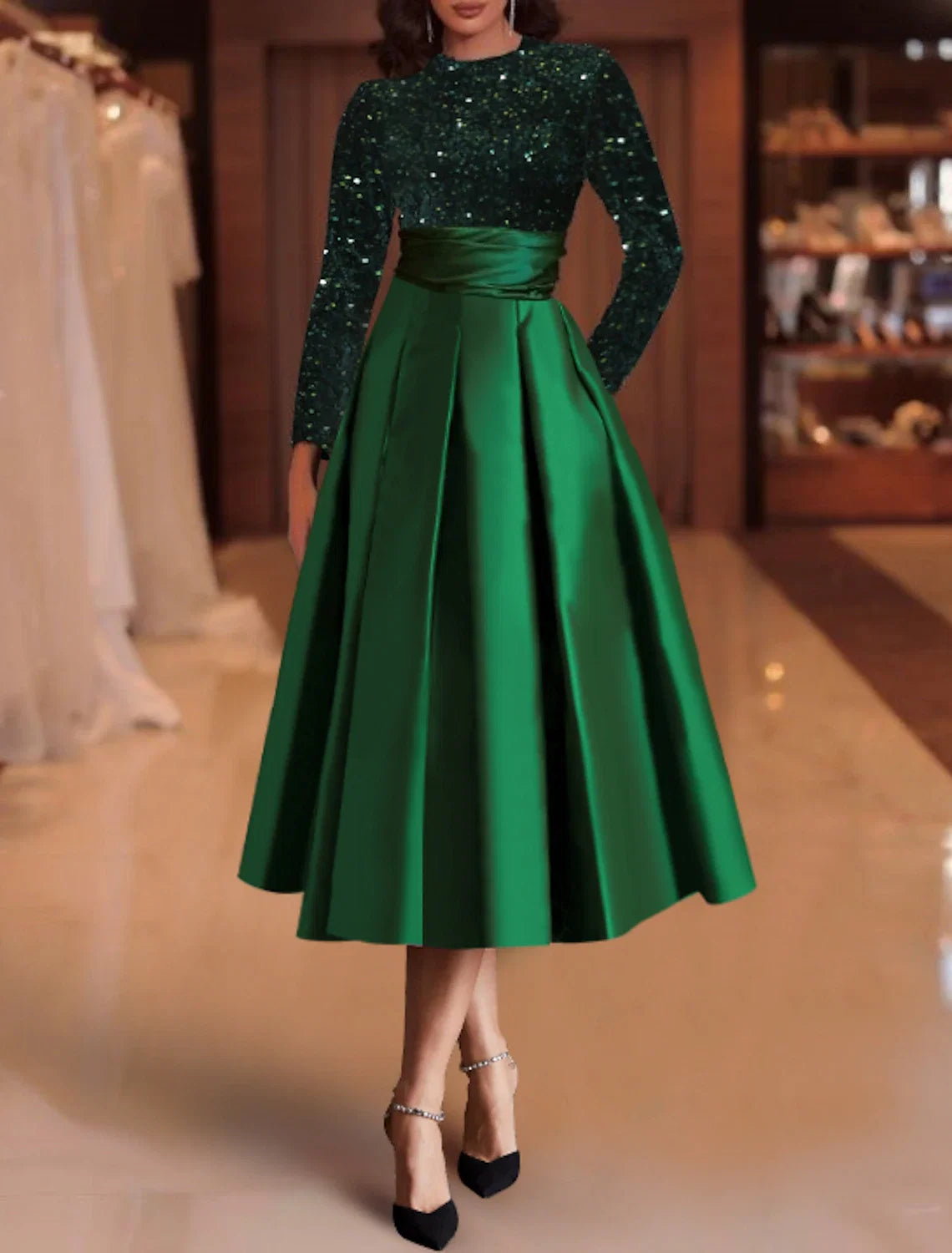 Green A-Line Satin Long Sleeve Pleated Tea-Length Wedding Dress - Chloe Dress