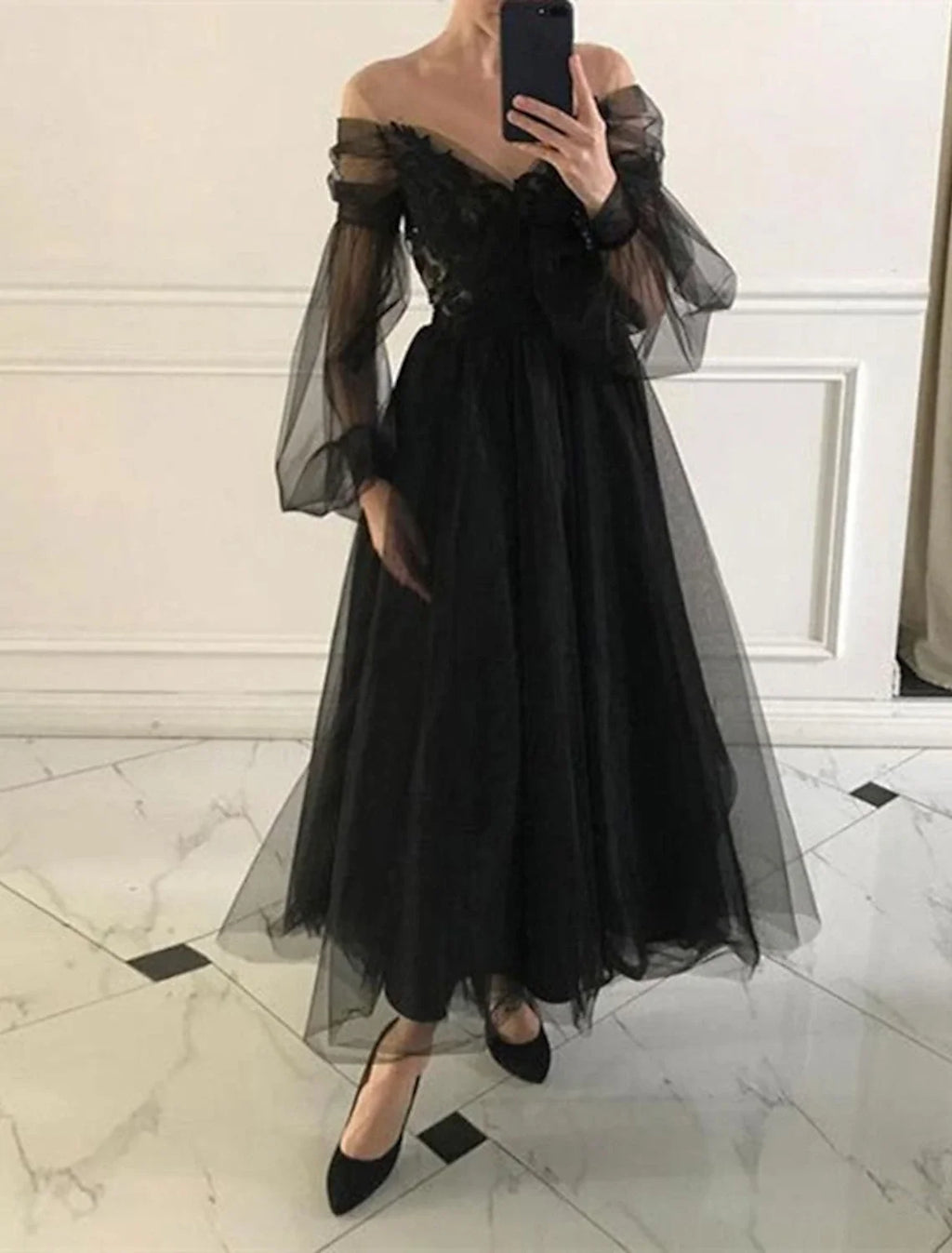 Black A-Line V-Neck Tulle Long Sleeve Applique Ankle-Length Prom Dress - Chloe Dress