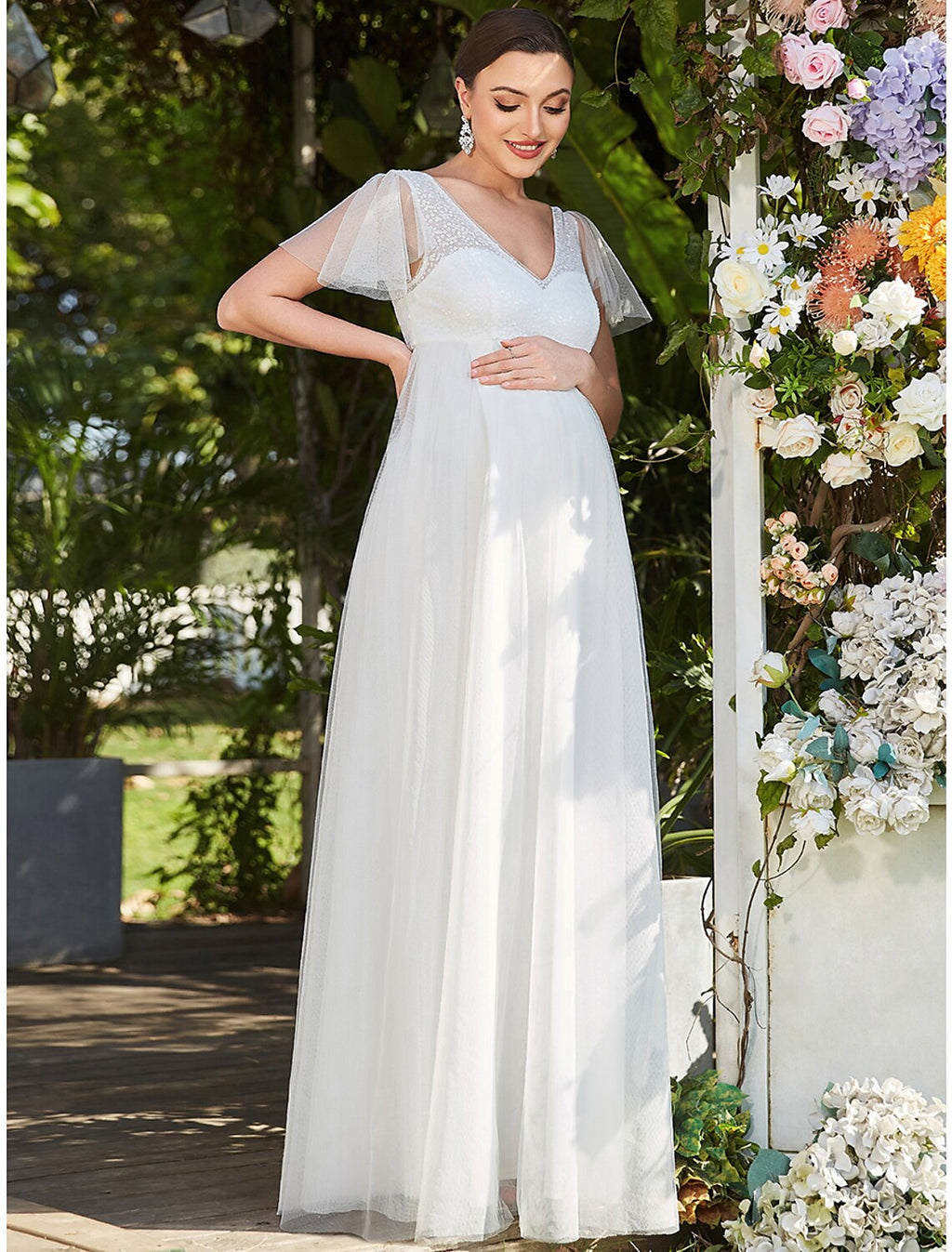 A-Line V-Neck Tulle Short Sleeve Tiered Floor-Length Evening Gown - Chloe Dress
