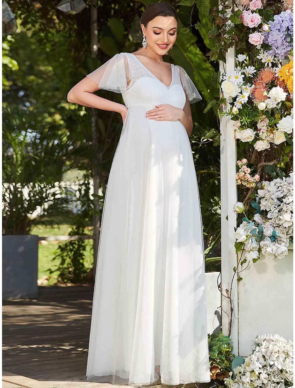 A-Line V-Neck Tulle Short Sleeve Tiered Floor-Length Evening Gown - Chloe Dress