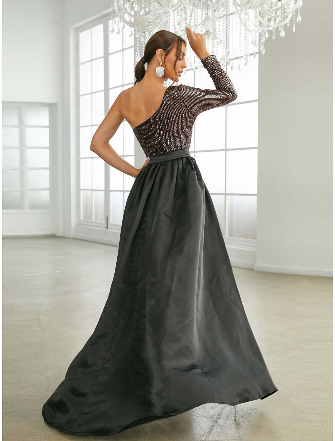 A-Line One-Shoulder Sequin Long Sleeve Pleated Evening Gown - Chloe Dress