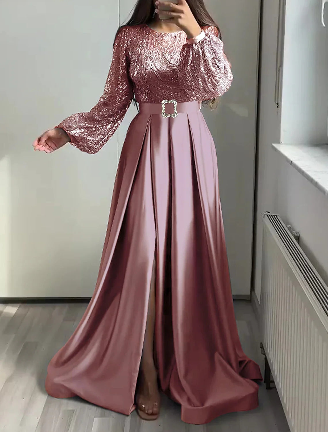 Black A-Line Satin Long Sleeve Floor-Length Evening Gown - Chloe Dress