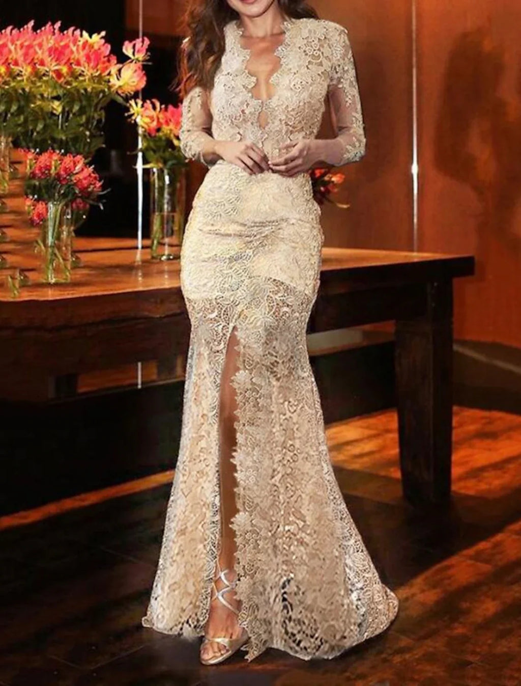 Mermaid V-Neck Lace Long Sleeve High Slit Evening Gown - Chloe Dress