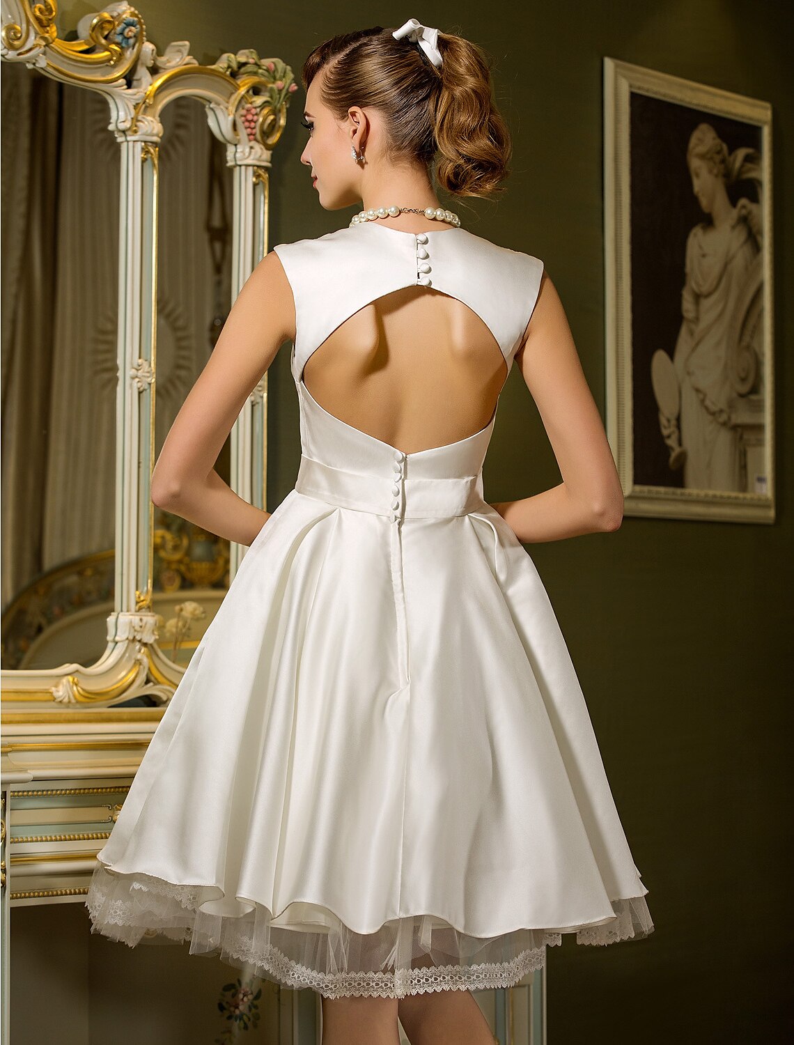 White A-Line Sweetheart Satin Cap Sleeve Button Back Knee-Length Wedding Gown - Chloe Dress