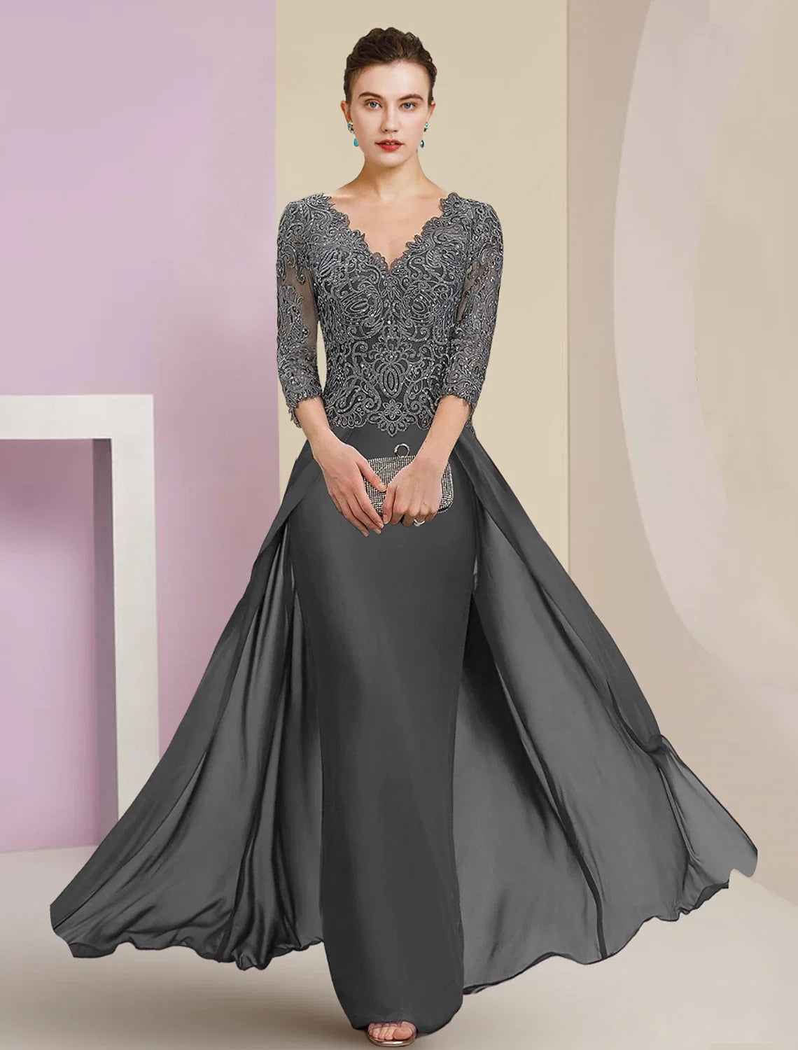Sheath V-Neck Chiffon Three-Quarter Sleeve Applique Floor-Length Wedding Dress - Chloe Dress